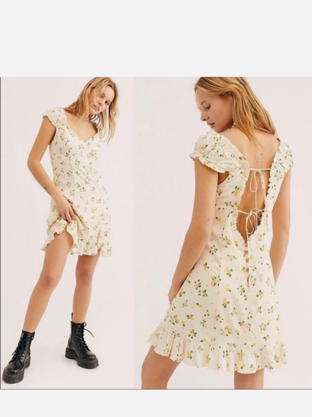 FREE PEOPLE Floral Tie-Back Ruffle Mini Dress in Cream